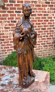 Antique French Statue Figure Sculpture Lady Woman Holding Orb Carved Oak 25" T