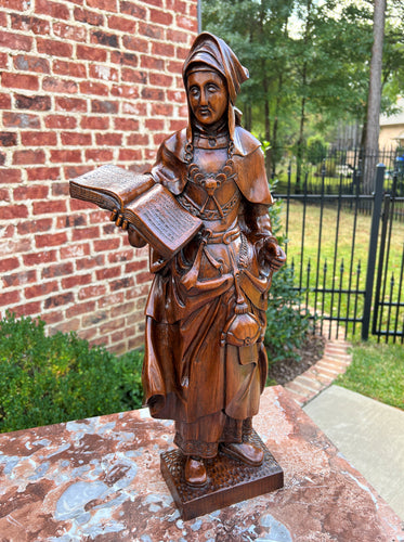 Antique French Statue Figure Saint Lady Sculpture Book Bible Carved Oak 23.5