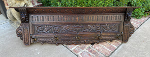 Antique French Wall Shelf Plate Rack Coat Hat Pot Rack Lions Oak 5 Hooks 44.25"W