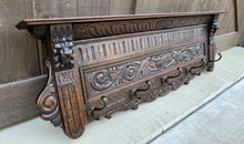 Load image into Gallery viewer, Antique French Wall Shelf Plate Rack Coat Hat Pot Rack Lions Oak 5 Hooks 44.25&quot;W