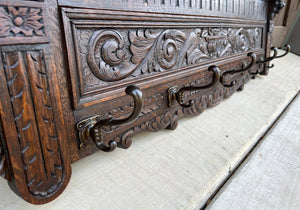 Antique French Wall Shelf Plate Rack Coat Hat Pot Rack Lions Oak 5 Hooks 44.25"W