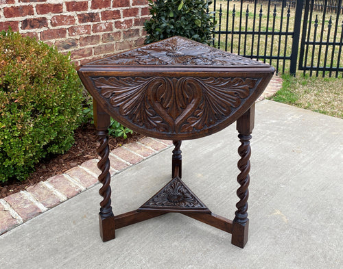 Antique English Table Drop Leaf Gateleg Barley Twist Envelope Carved Top Clover