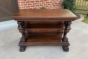 Antique French Gothic Console Table Server Sideboard 2-Tier Walnut Winged Figure