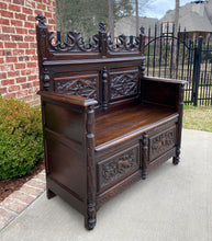 Load image into Gallery viewer, Antique French Bench Settee Hall Bench Gothic Oak Banquette Seating Lift Top 19C