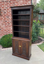 Load image into Gallery viewer, Antique English Bookcase Display Shelf Cabinet Two-Piece Carved Oak c. 1920s