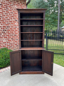 Antique English Bookcase Display Shelf Cabinet Two-Piece Carved Oak c. 1920s