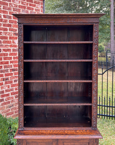 Antique English Bookcase Display Shelf Cabinet Two-Piece Carved Oak c. 1920s