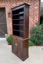 Load image into Gallery viewer, Antique English Bookcase Display Shelf Cabinet Two-Piece Carved Oak c. 1920s