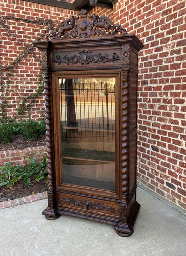 Antique French Bookcase Hunt Display Cabinet Barley Twist Renaissance 8ft. Oak