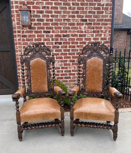 Antique French Arm Chairs BARLEY TWIST Leather Oak Throne Fireside Chairs PAIR