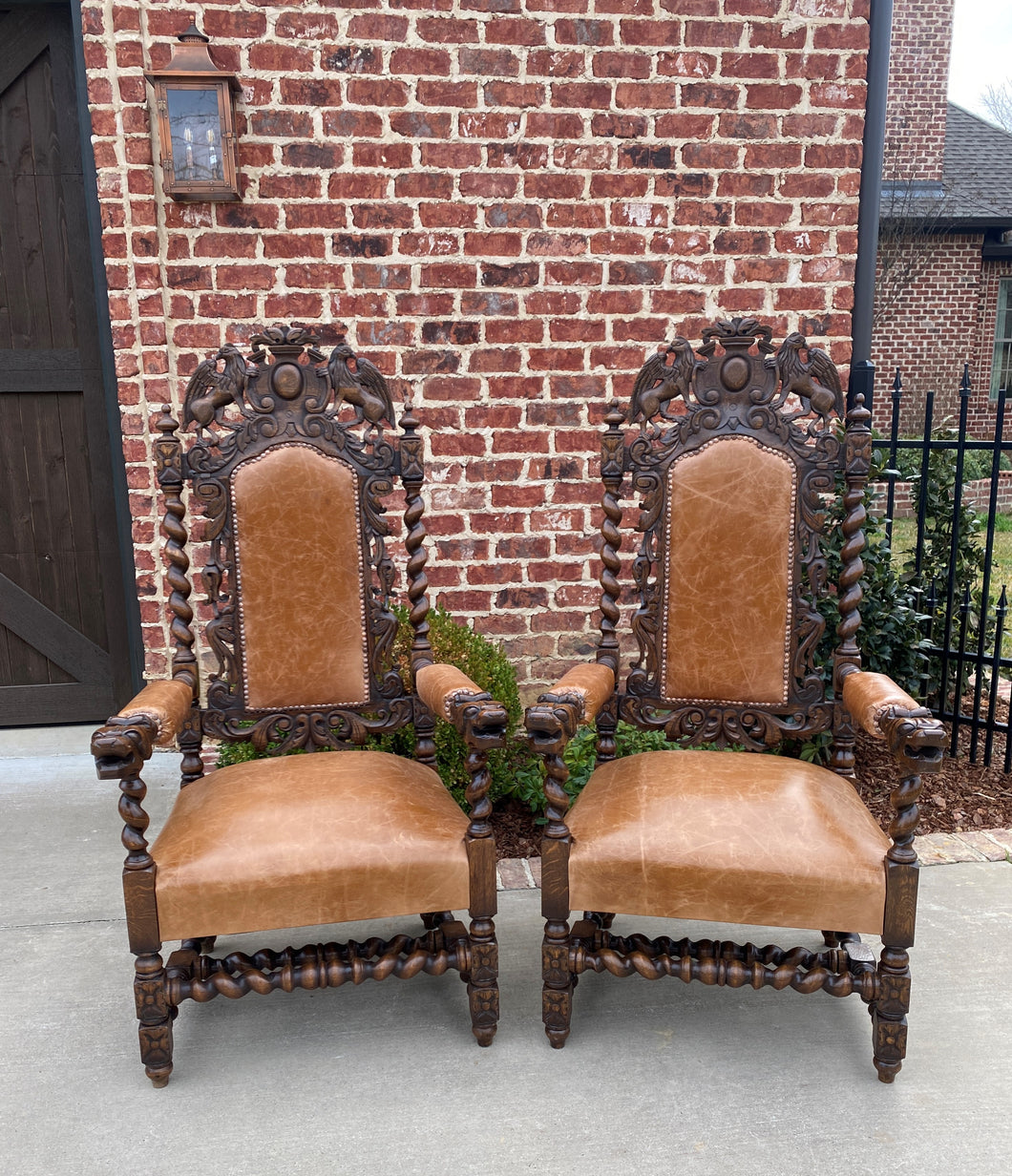 Antique French Arm Chairs BARLEY TWIST Leather Oak Throne Fireside Chairs PAIR