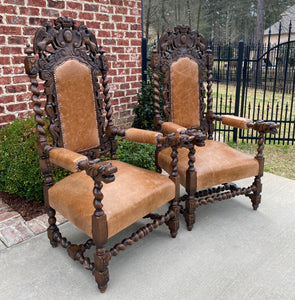 Antique French Arm Chairs BARLEY TWIST Leather Oak Throne Fireside Chairs PAIR