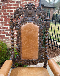 Antique French Arm Chairs BARLEY TWIST Leather Oak Throne Fireside Chairs PAIR