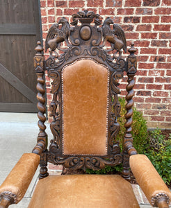 Antique French Arm Chairs BARLEY TWIST Leather Oak Throne Fireside Chairs PAIR