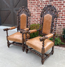 Load image into Gallery viewer, Antique French Arm Chairs BARLEY TWIST Leather Oak Throne Fireside Chairs PAIR