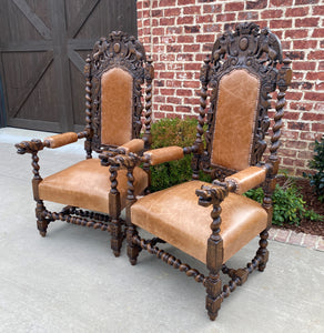 Antique French Arm Chairs BARLEY TWIST Leather Oak Throne Fireside Chairs PAIR