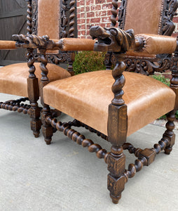 Antique French Arm Chairs BARLEY TWIST Leather Oak Throne Fireside Chairs PAIR