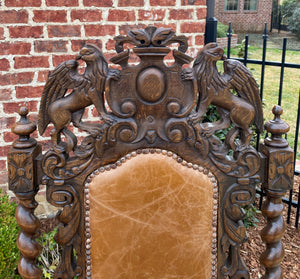 Antique French Arm Chairs BARLEY TWIST Leather Oak Throne Fireside Chairs PAIR