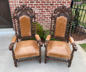 Antique French Arm Chairs BARLEY TWIST Leather Oak Throne Fireside Chairs PAIR