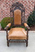 Load image into Gallery viewer, Antique French Arm Chairs BARLEY TWIST Leather Oak Throne Fireside Chairs PAIR