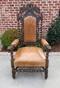 Antique French Arm Chairs BARLEY TWIST Leather Oak Throne Fireside Chairs PAIR