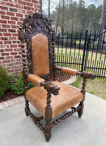 Antique French Arm Chairs BARLEY TWIST Leather Oak Throne Fireside Chairs PAIR