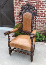 Load image into Gallery viewer, Antique French Arm Chairs BARLEY TWIST Leather Oak Throne Fireside Chairs PAIR