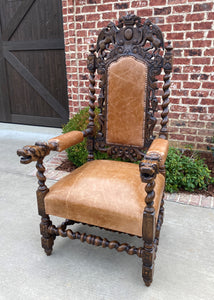 Antique French Arm Chairs BARLEY TWIST Leather Oak Throne Fireside Chairs PAIR