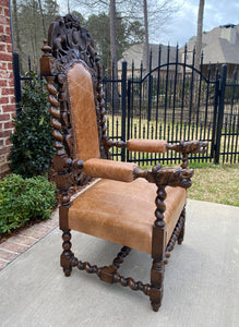 Antique French Arm Chairs BARLEY TWIST Leather Oak Throne Fireside Chairs PAIR