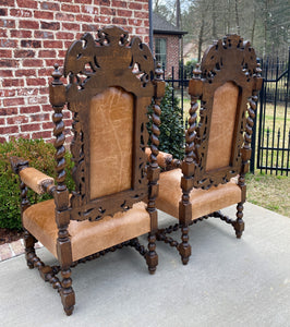 Antique French Arm Chairs BARLEY TWIST Leather Oak Throne Fireside Chairs PAIR