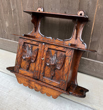 Load image into Gallery viewer, Antique English Hanging Wall Shelf Medicine Cabinet Carved Birds w Key 24&quot;Tall