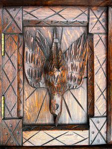 Antique English Hanging Wall Shelf Medicine Cabinet Carved Birds w Key 24"Tall