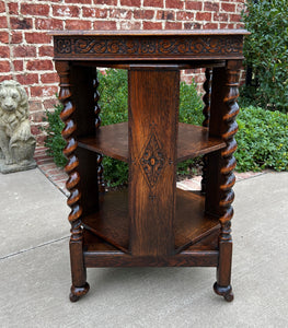 Antique English Revolving Bookcase Book Shelf End Table Barley Twist Oak Rolling