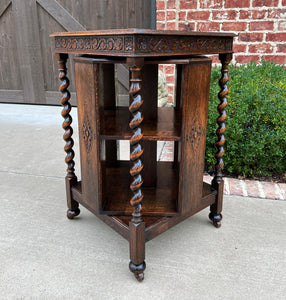 Antique English Revolving Bookcase Book Shelf End Table Barley Twist Oak Rolling