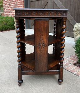 Antique English Revolving Bookcase Book Shelf End Table Barley Twist Oak Rolling