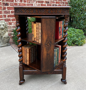 Antique English Revolving Bookcase Book Shelf End Table Barley Twist Oak Rolling