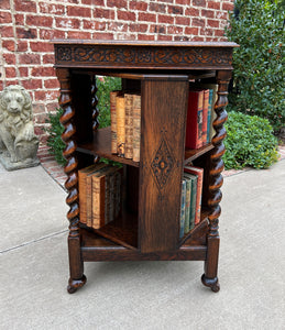 Antique English Revolving Bookcase Book Shelf End Table Barley Twist Oak Rolling