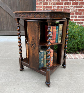 Antique English Revolving Bookcase Book Shelf End Table Barley Twist Oak Rolling