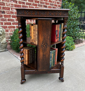 Antique English Revolving Bookcase Book Shelf End Table Barley Twist Oak Rolling