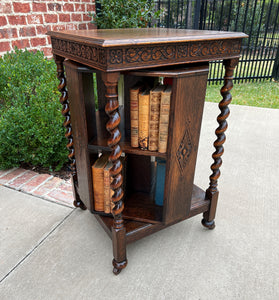 Antique English Revolving Bookcase Book Shelf End Table Barley Twist Oak Rolling