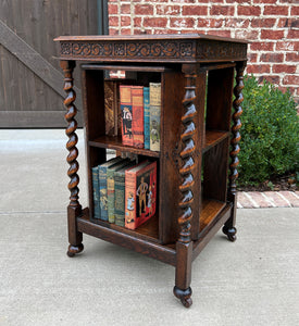 Antique English Revolving Bookcase Book Shelf End Table Barley Twist Oak Rolling