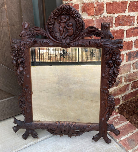 Antique French Black Forest Mirror Framed Highly Carved Oak Angels Cherubs Roses