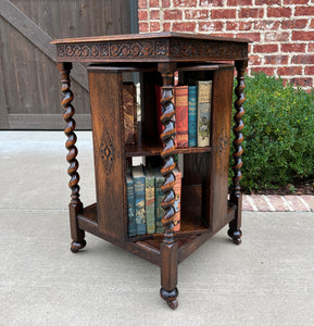 Antique English Revolving Bookcase Book Shelf End Table Barley Twist Oak Rolling