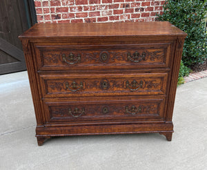 Antique French Chest of Drawers Storage Cabinet 3-Drawer Carved Oak w Key 18th C