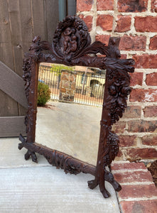 Antique French Black Forest Mirror Framed Highly Carved Oak Angels Cherubs Roses
