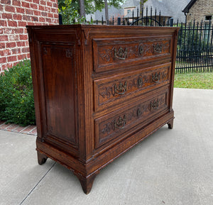 Antique French Chest of Drawers Storage Cabinet 3-Drawer Carved Oak w Key 18th C