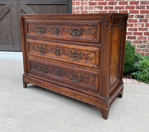 Antique French Chest of Drawers Storage Cabinet 3-Drawer Carved Oak w Key 18th C