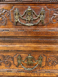 Antique French Chest of Drawers Storage Cabinet 3-Drawer Carved Oak w Key 18th C