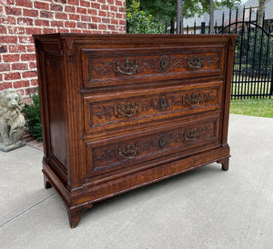 Antique French Chest of Drawers Storage Cabinet 3-Drawer Carved Oak w Key 18th C