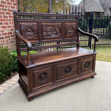 Load image into Gallery viewer, Antique French Breton Bench Settee Entry Hall Brittany Carved Oak Banquette